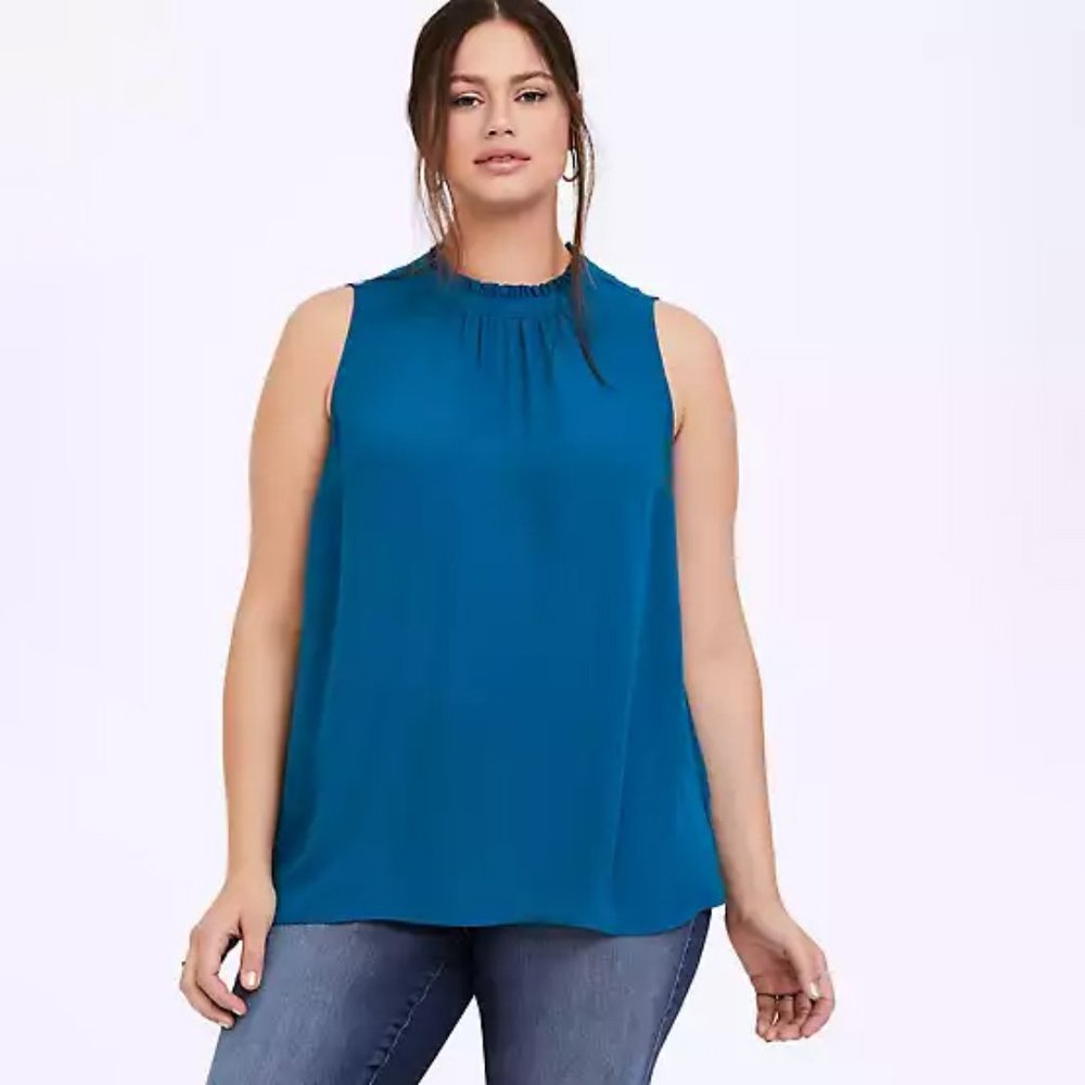 Torrid Teal Georgette Mock Ruffle Neck Sleeveless Top, Size 3x Fair (Stained)